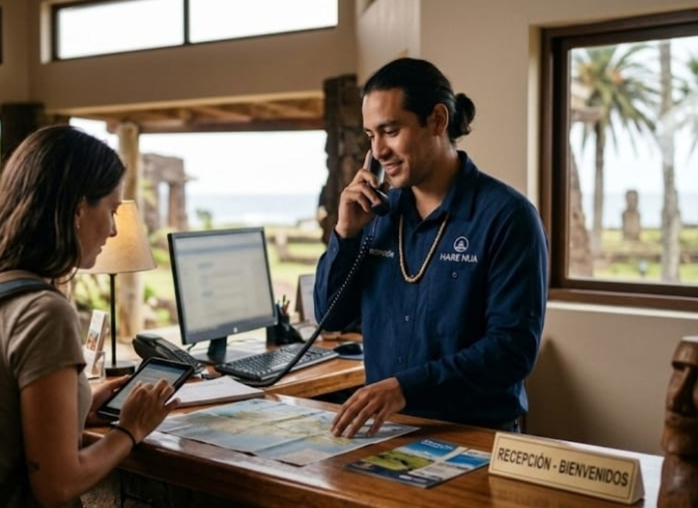 Atención al cliente. Recepcionista en Destino de Lujo Hare Nua Hanga Roa, Isla de Pascua (Rapa Nui), Chile